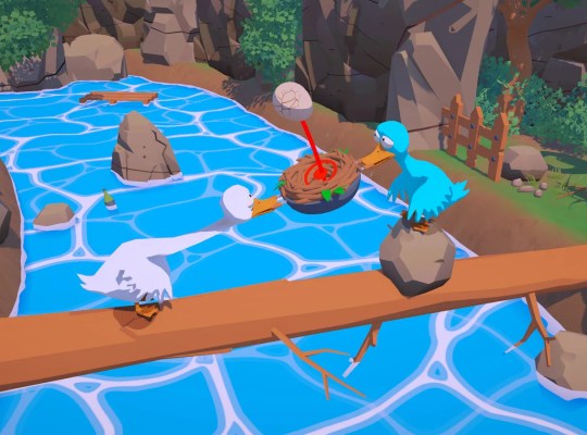 Two colorful ducks balancing on a log over a blue river in a whimsical game setting.