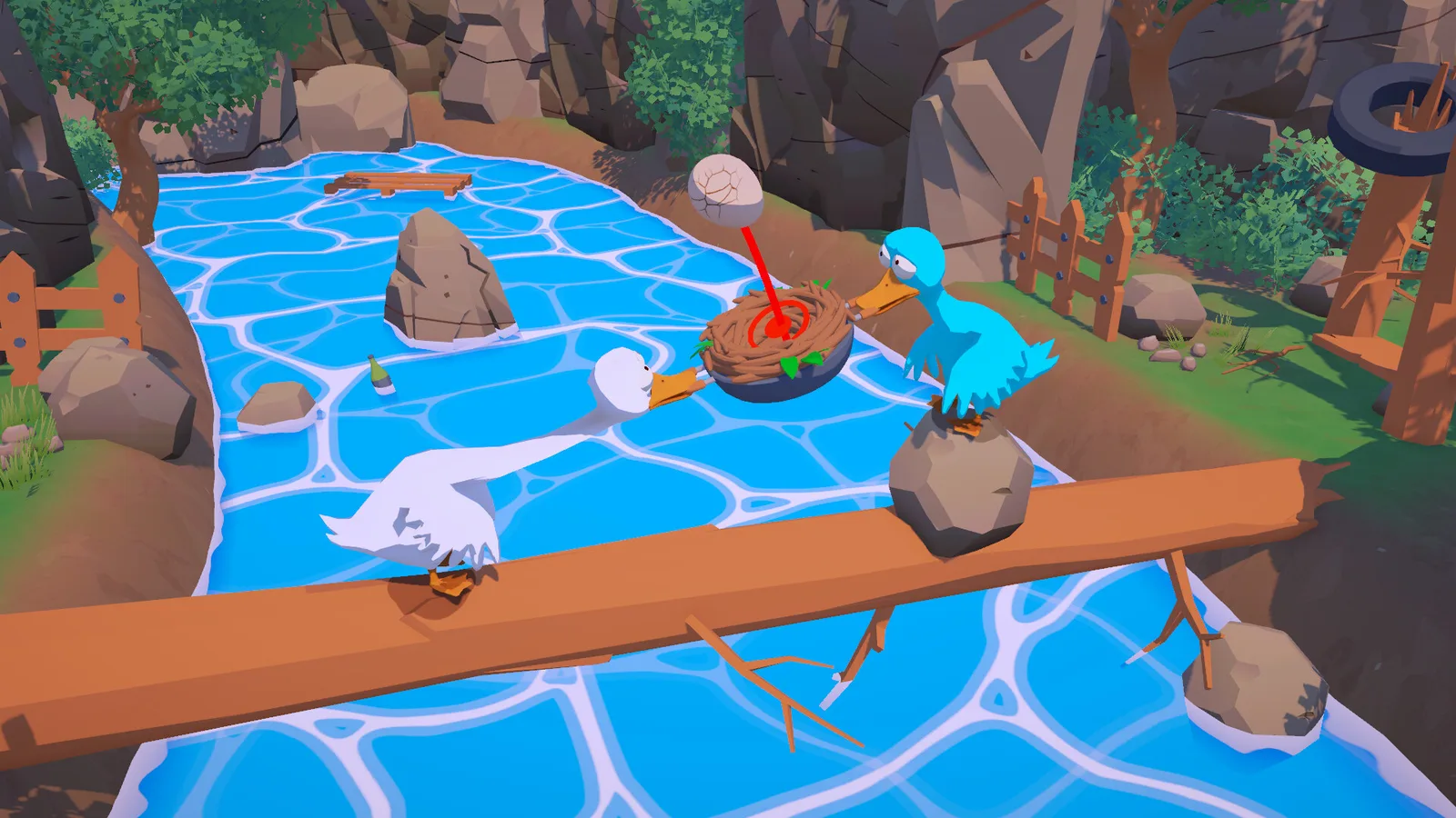 Two colorful ducks balancing on a log over a blue river in a whimsical game setting.