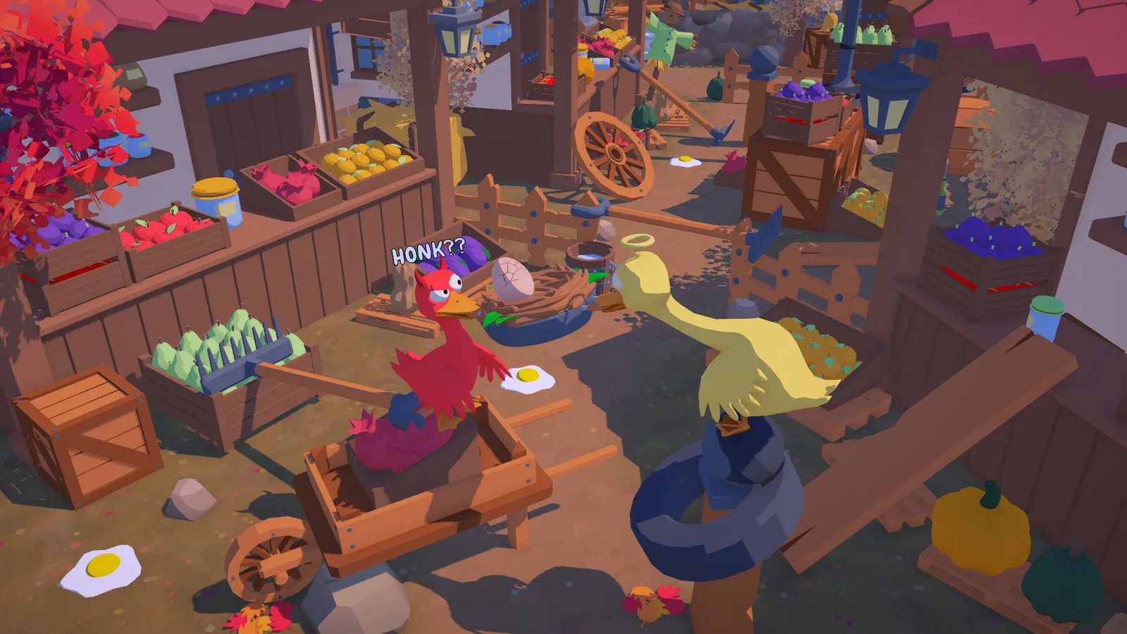 Colorful scene from An Eggstremely Hard Game featuring quirky characters and vibrant market setting.