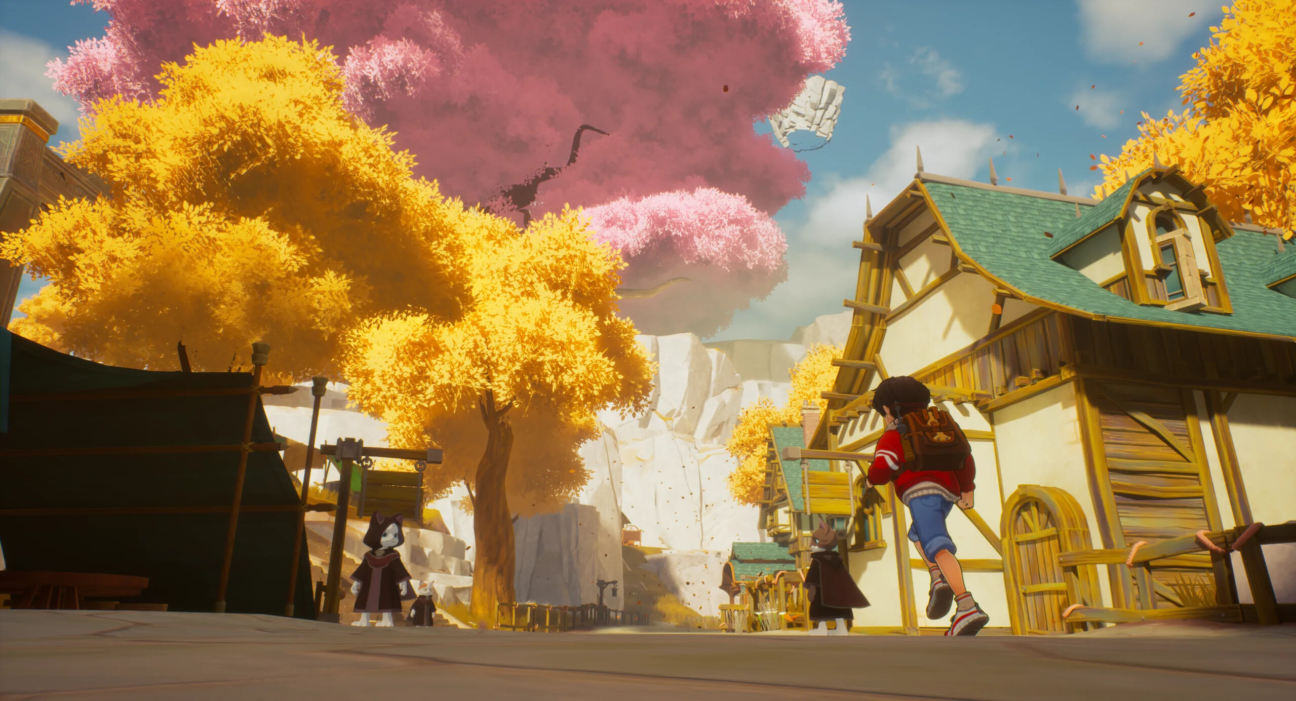 Rei running through a vibrant village under pink trees in ANDALAS: Realms of Eternal Lights.