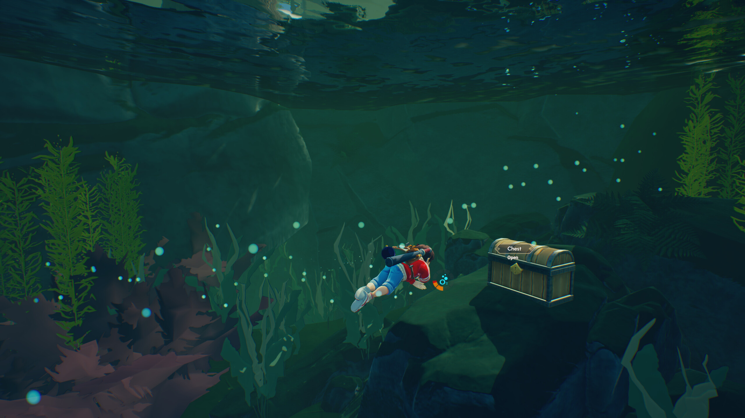 Rei explores an underwater scene in ANDALAS: Realms of Eternal Lights, discovering a treasure chest.
