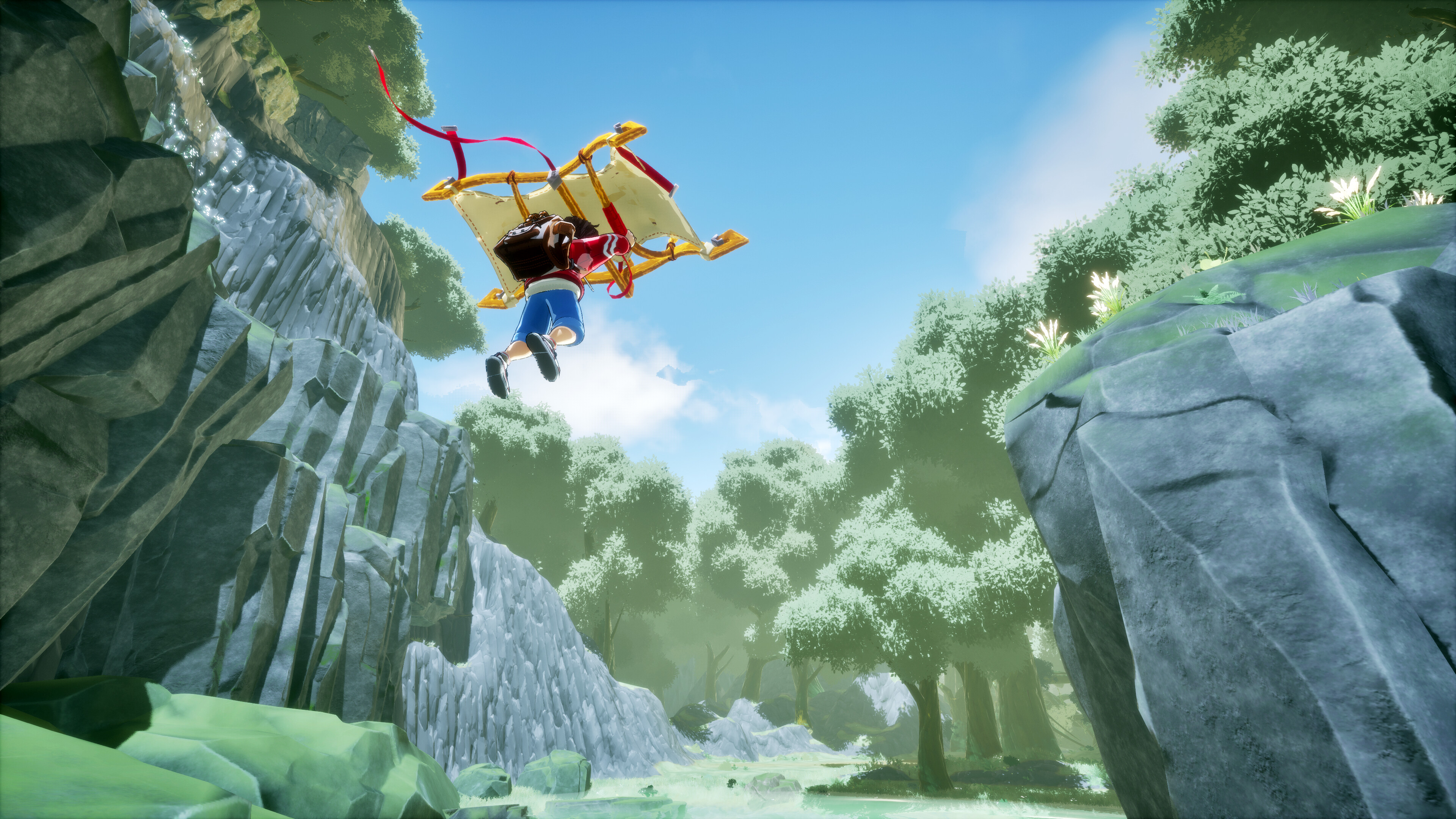Rei soaring through a lush landscape in ANDALAS: Realms of Eternal Lights