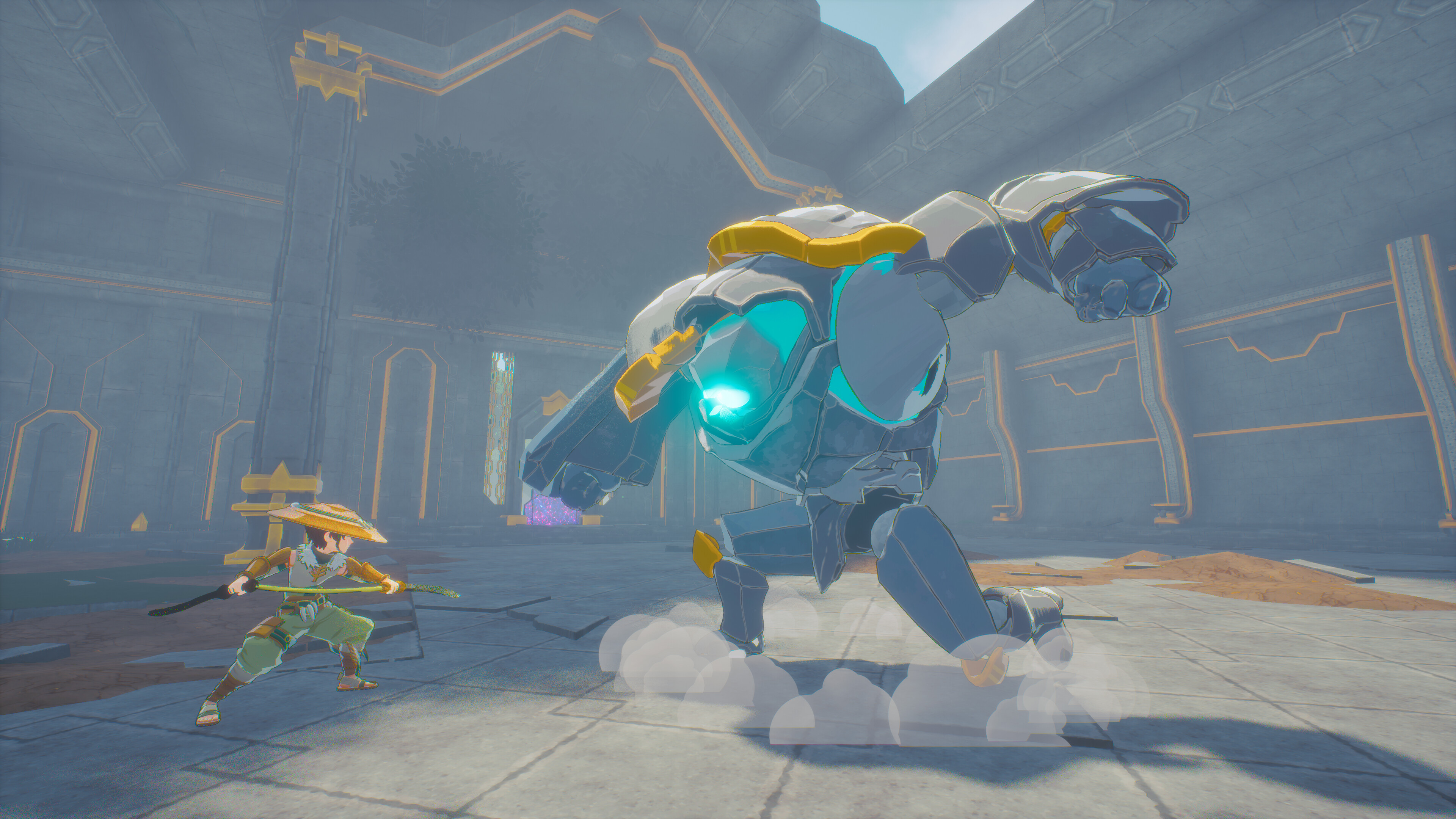 Rei battles a giant robot in a mystical environment in ANDALAS: Realms of Eternal Lights.