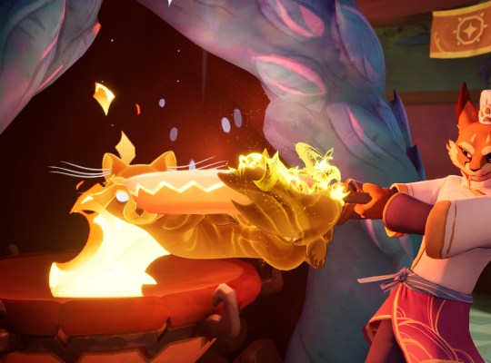 Cozy culinary adventure in Beastro featuring a character cooking with fire.