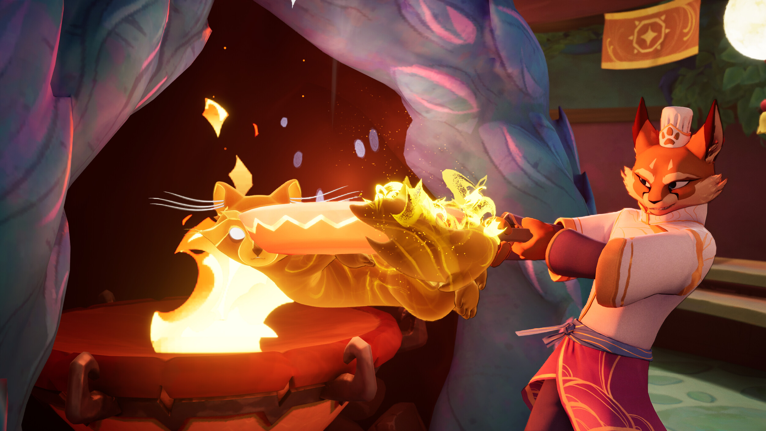 Cozy culinary adventure in Beastro featuring a character cooking with fire.