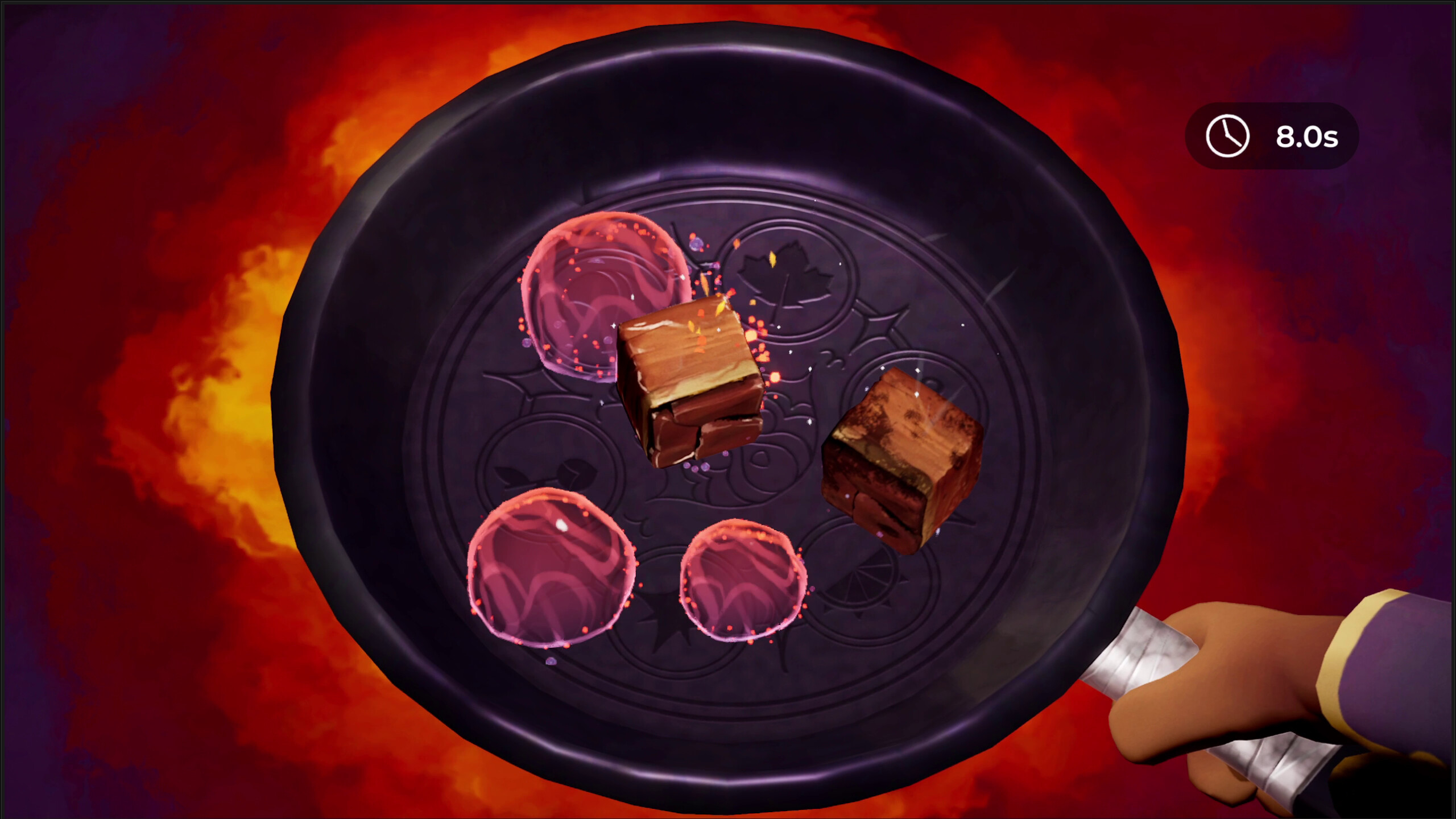 Cooking scene in Beastro with ingredients sizzling in a pan
