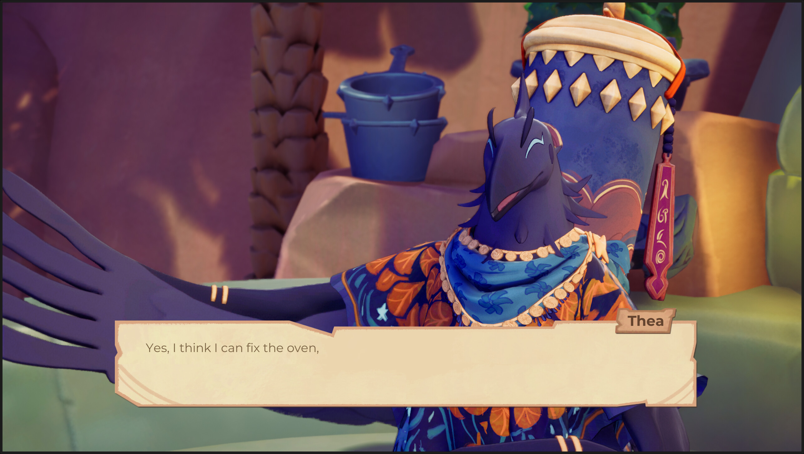 A character named Thea in Beastro, expressing confidence while fixing an oven.