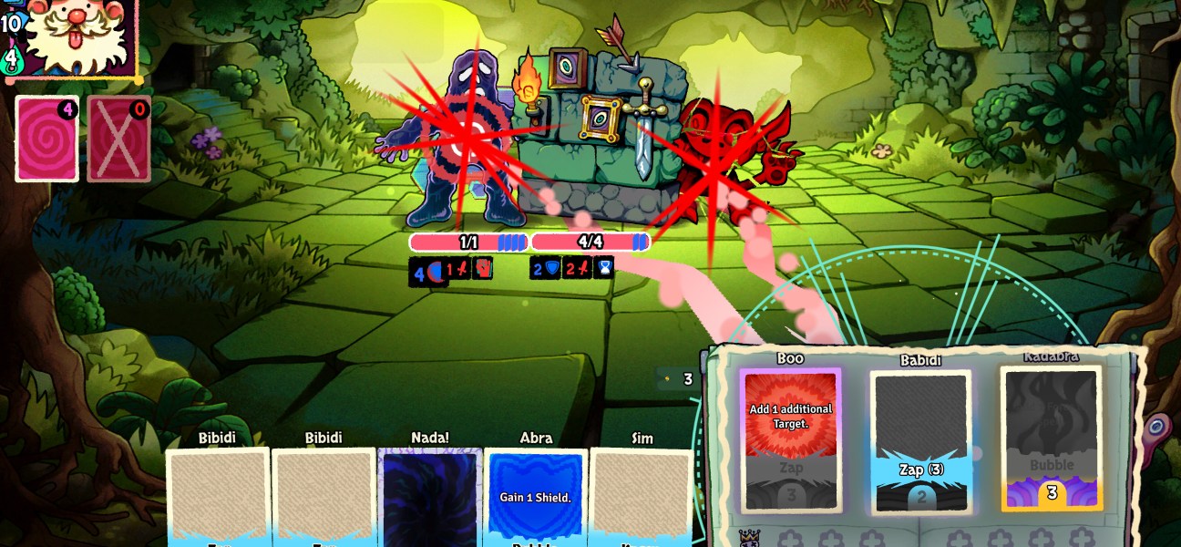 Action-packed scene from Bibidi Bibidi! showcasing spellcasting and card battles.