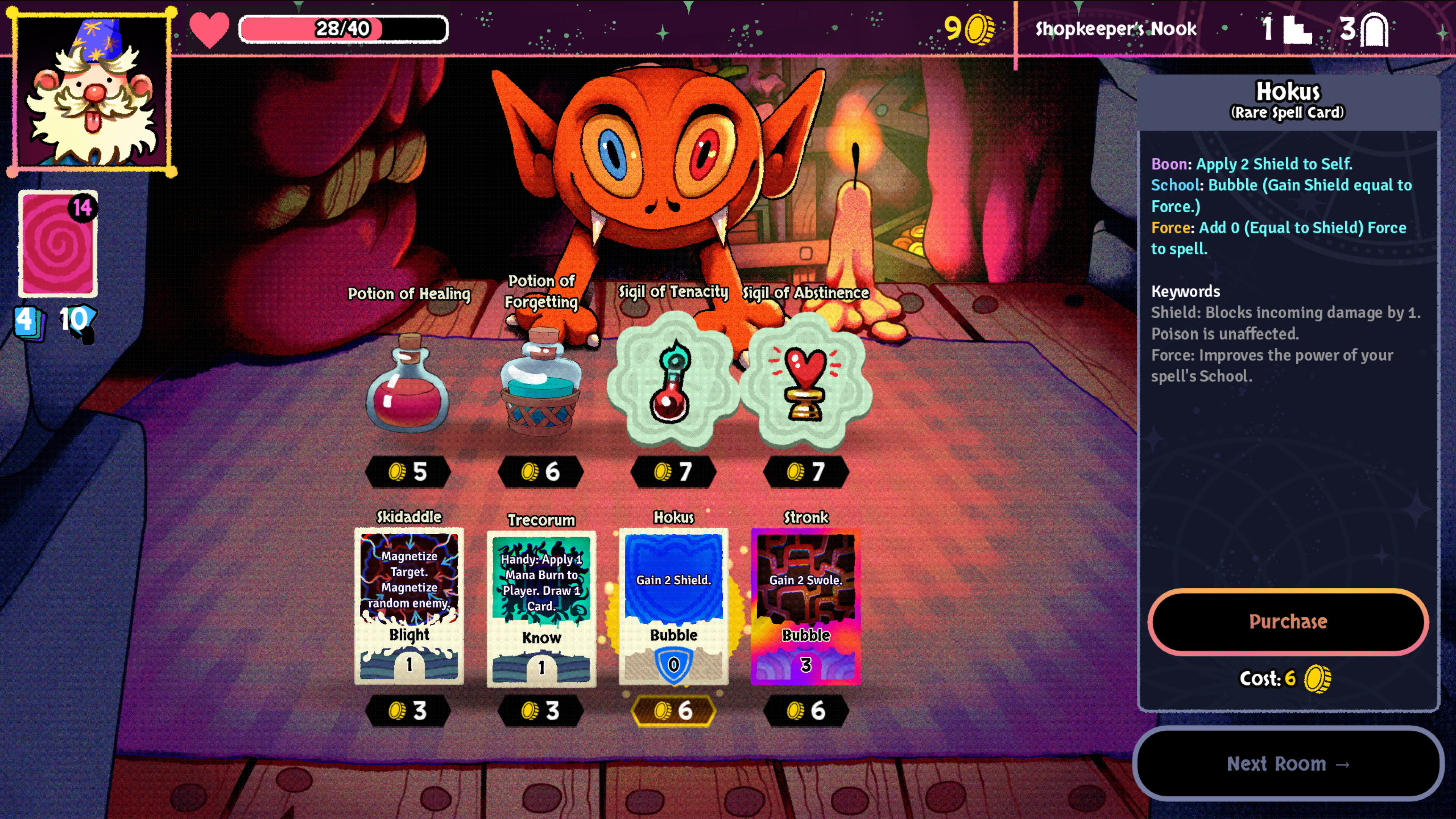 Gameplay screenshot of Bibidi Bibidi! showcasing spell cards and a wizard character