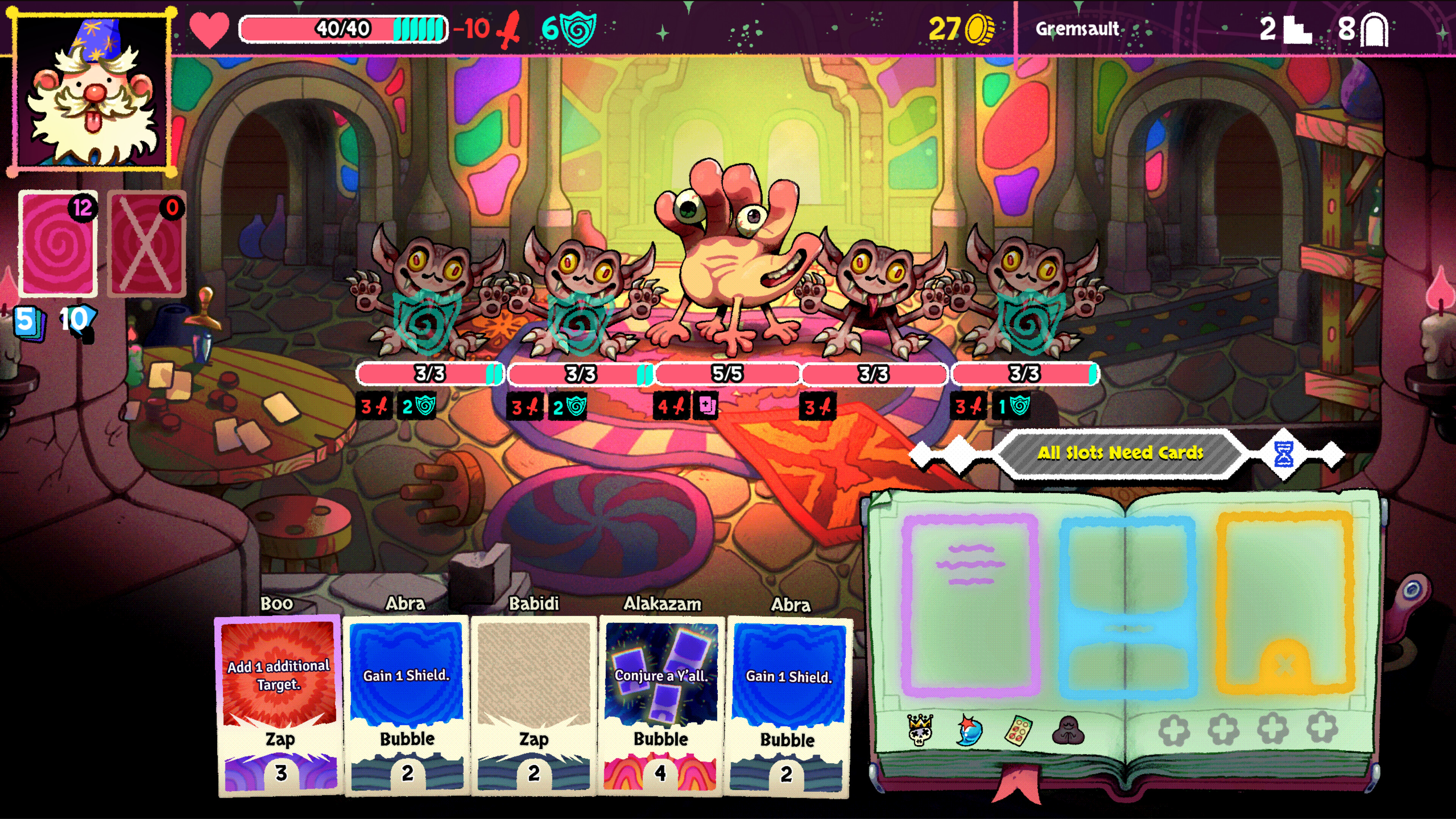 Colorful card battler scene in Bibidi Bibidi! featuring unique spells and whimsical monsters.