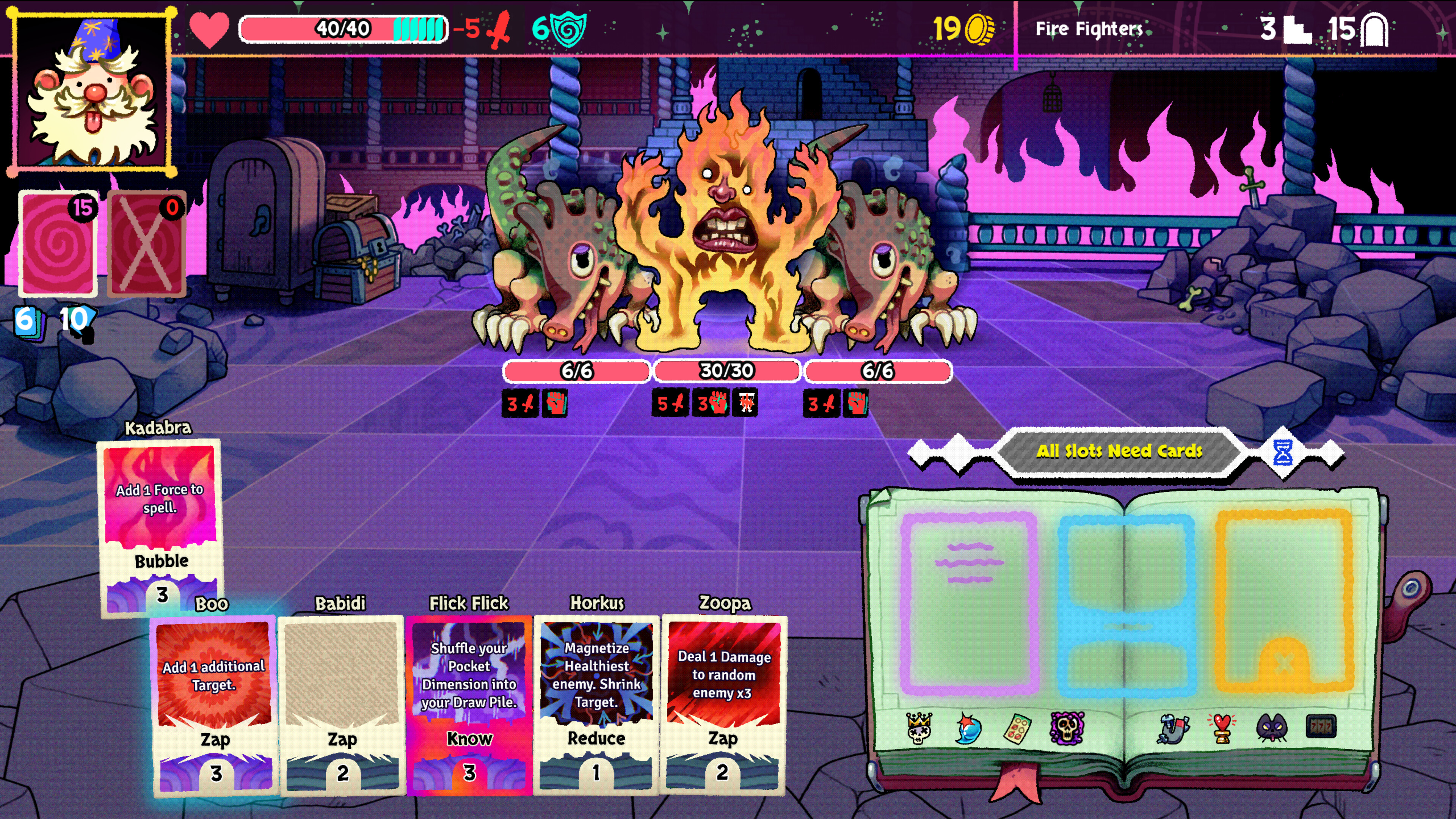 Epic wizard battle in Bibidi Bibidi! featuring unique spell cards and monstrous enemies.