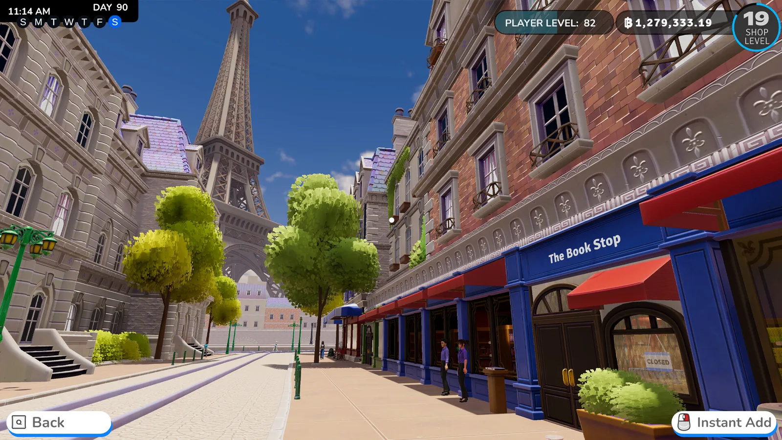 Charming street view of The Book Stop in Bookshop Simulator with Eiffel Tower backdrop