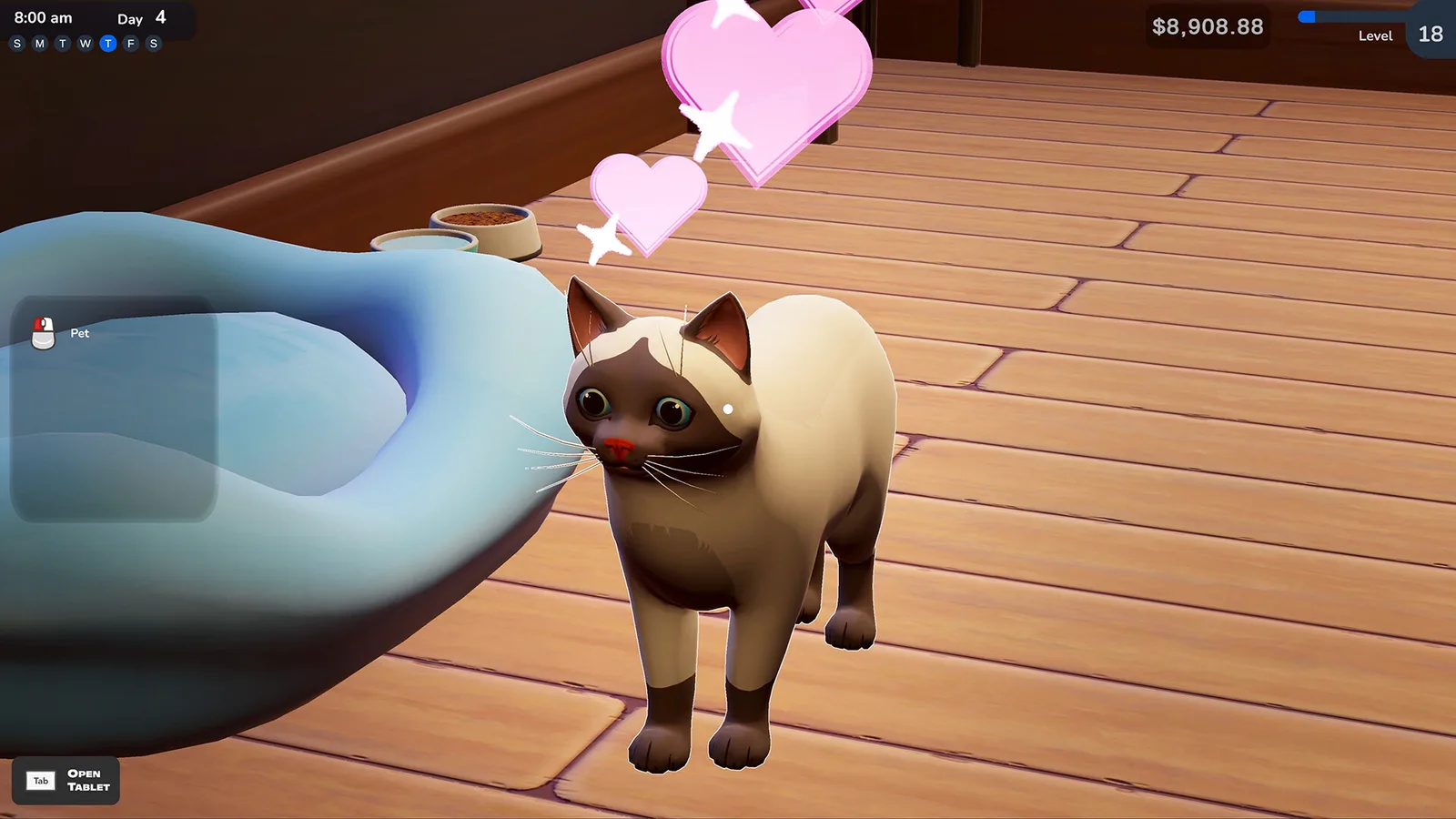 Adorable cat character in Bookshop Simulator with hearts above its head