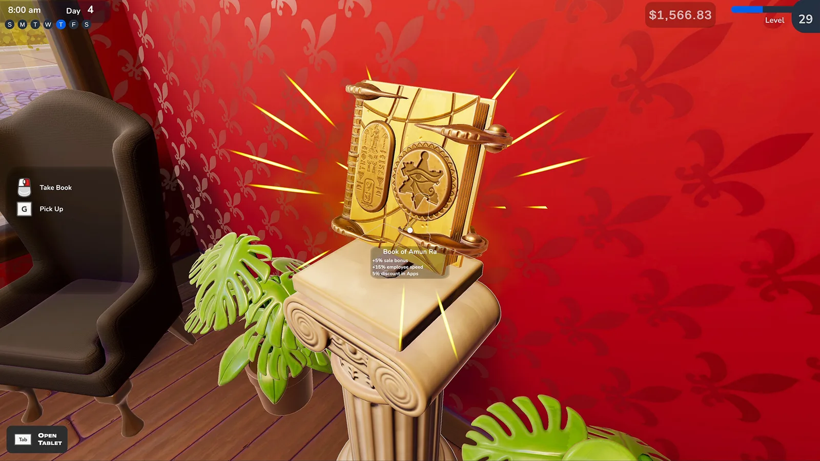 Golden book on pedestal with glowing effects in Bookshop Simulator