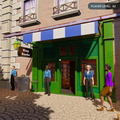 Colorful storefront of Blap Books in Bookshop Simulator with characters outside.