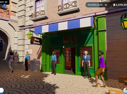 Colorful storefront of Blap Books in Bookshop Simulator with characters outside.