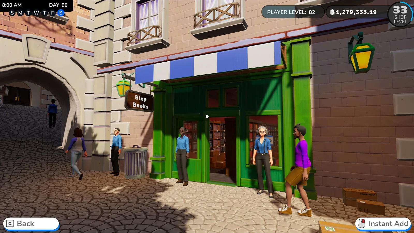 Colorful storefront of Blap Books in Bookshop Simulator with characters outside.