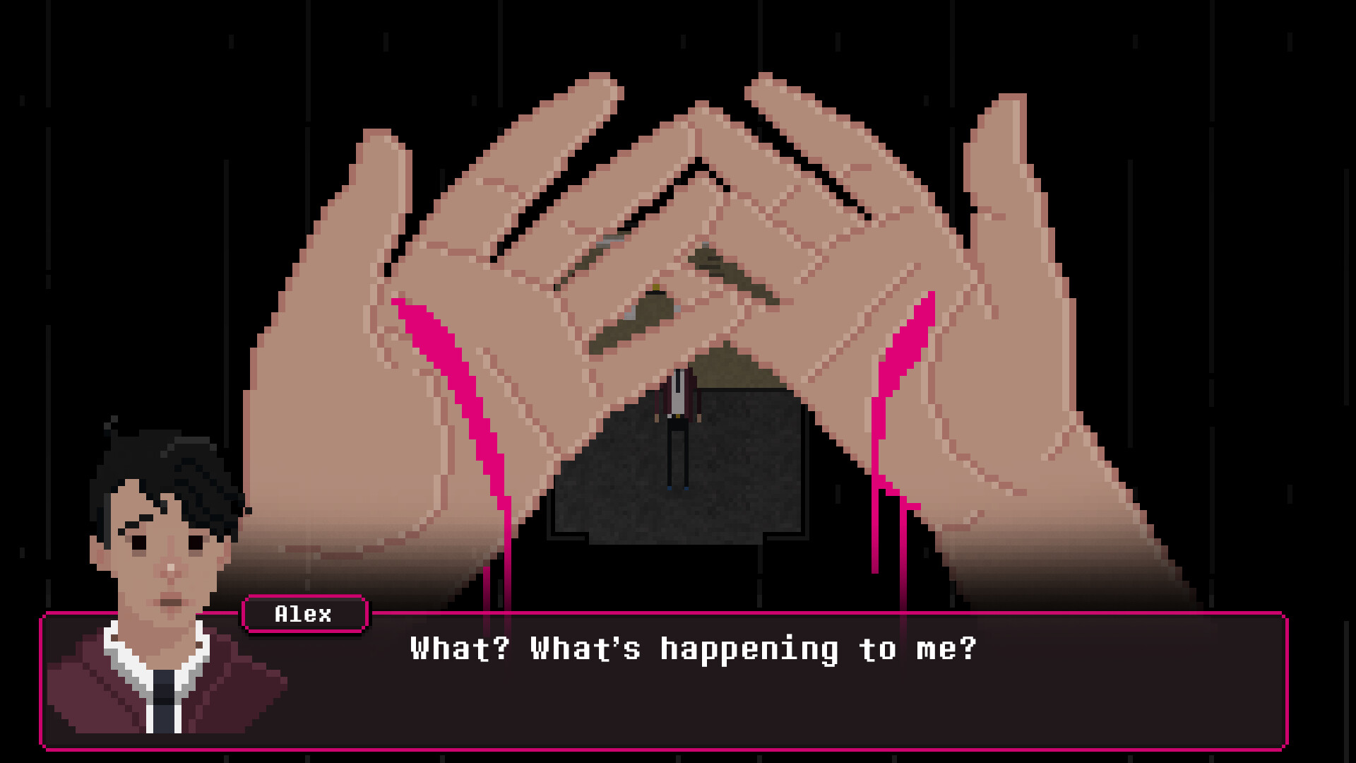 Pixel art scene from BROKEN SOUL featuring character Alex in distress