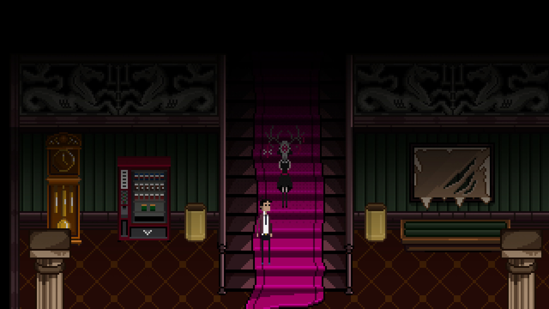 Character exploring a mysterious staircase in BROKEN SOUL game