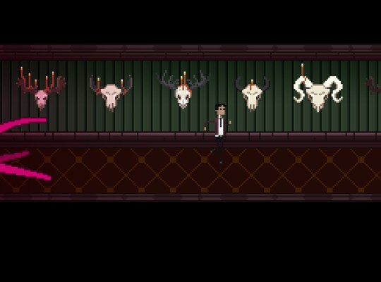 Character exploring a dark room with animal skulls on the wall in BROKEN SOUL