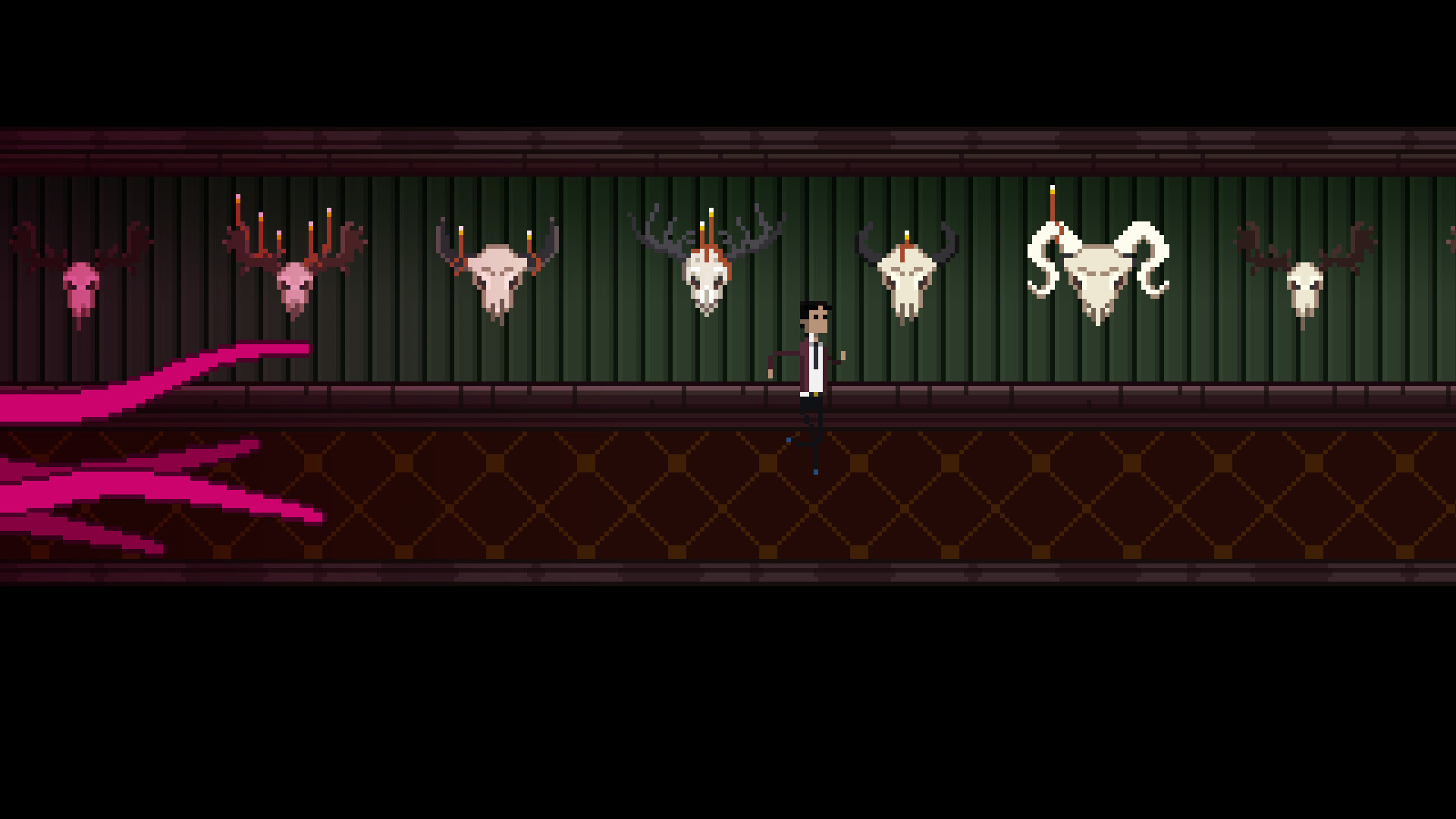 Character exploring a dark room with animal skulls on the wall in BROKEN SOUL