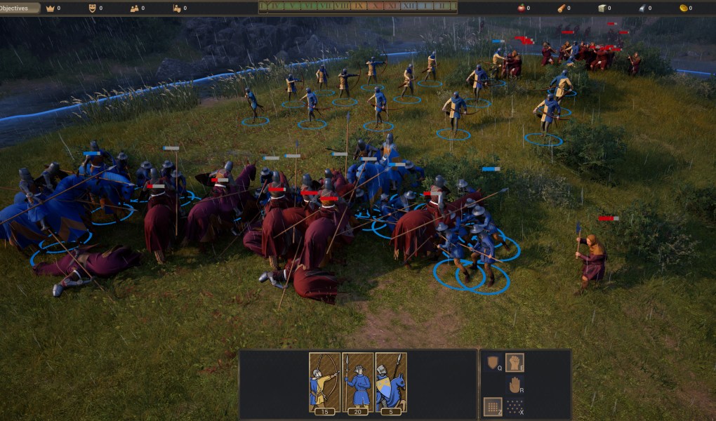 Epic medieval battle scene with knights clashing in Bergfried strategy game