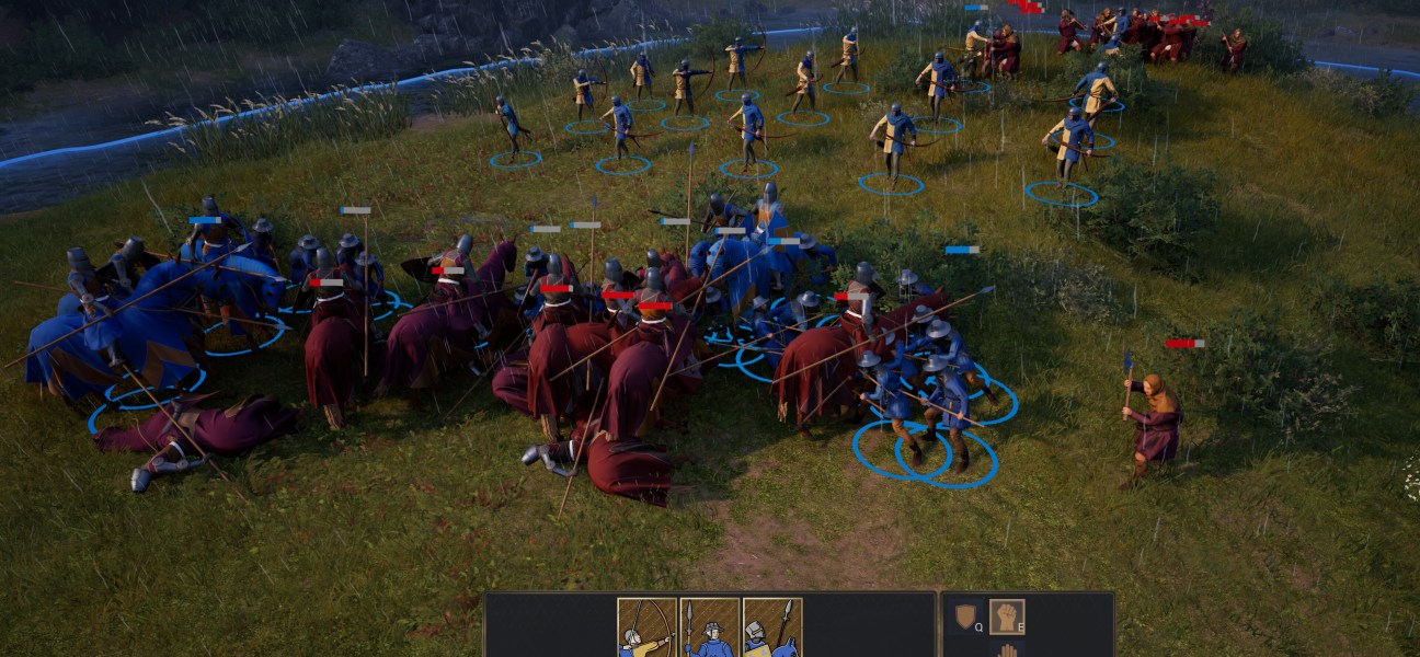 Epic medieval battle scene with knights clashing in Bergfried strategy game
