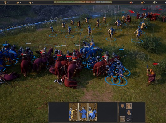 Epic medieval battle scene with knights clashing in Bergfried strategy game