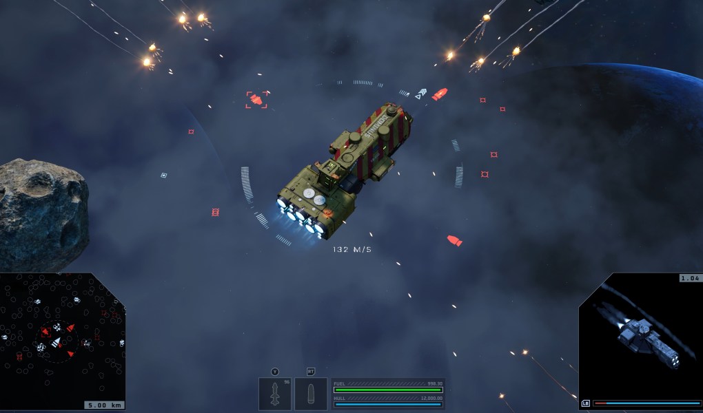 Spaceship navigating through asteroid field with combat action in sci-fi setting