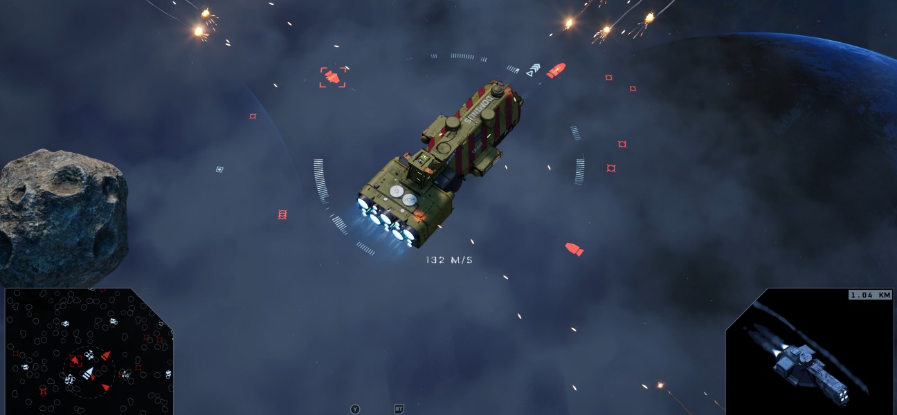 Spaceship navigating through asteroid field with combat action in sci-fi setting