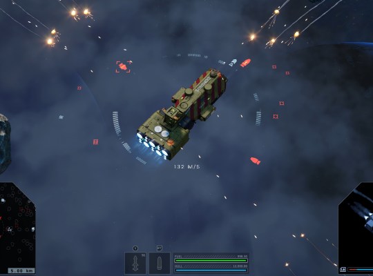 Spaceship navigating through asteroid field with combat action in sci-fi setting