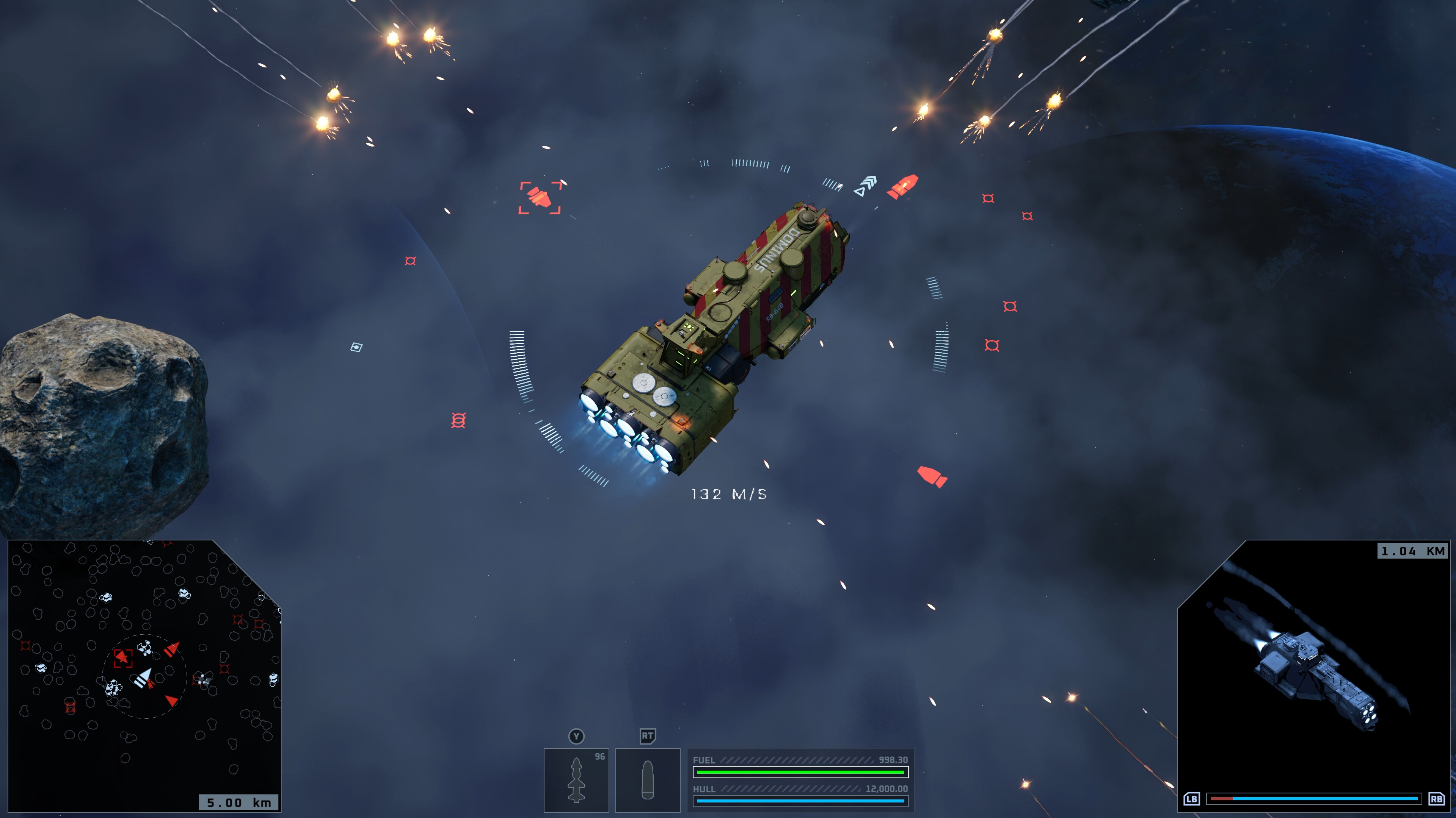 Spaceship navigating through asteroid field with combat action in sci-fi setting