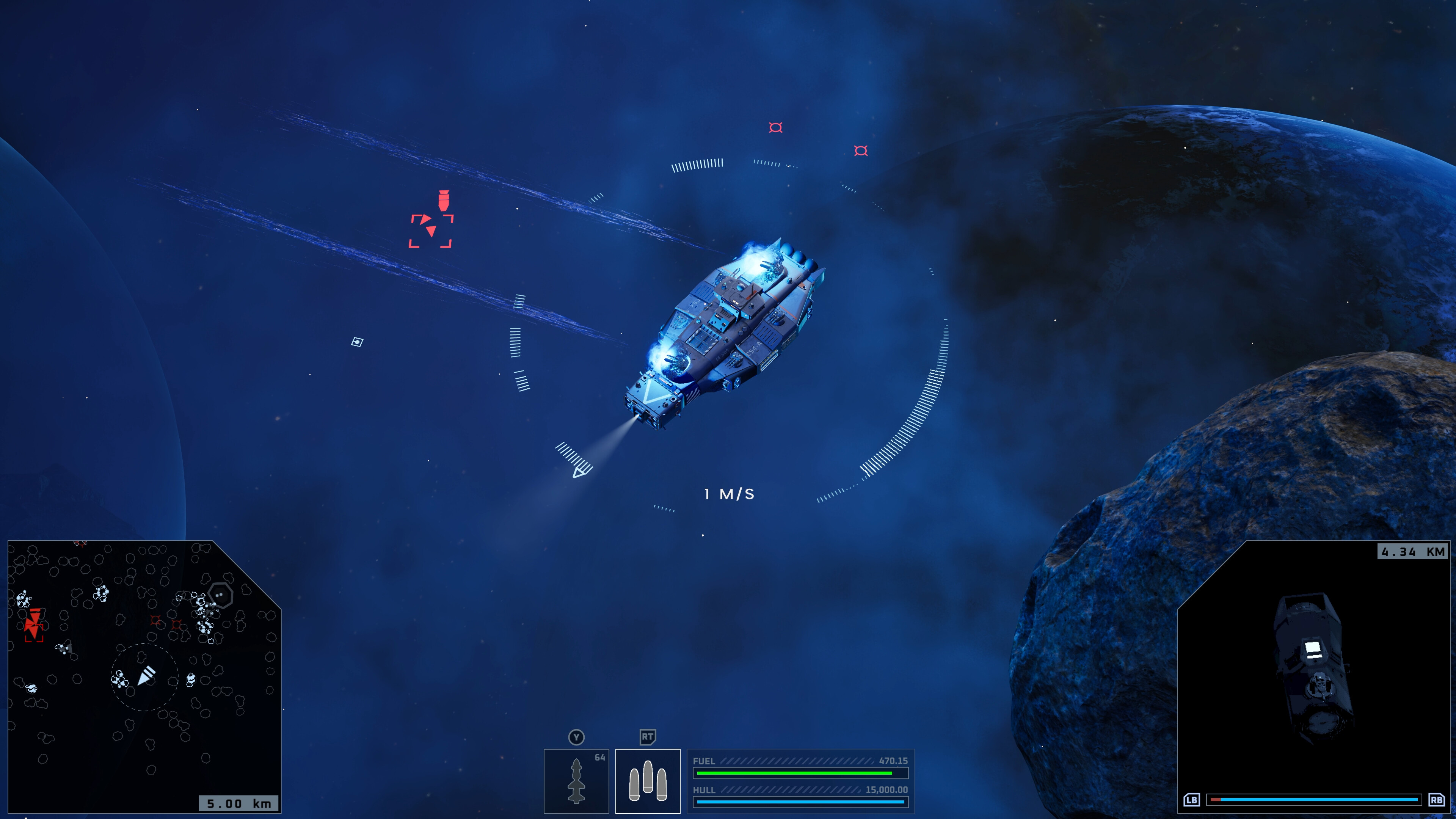 Spaceship navigating through a cosmic environment with C-beams in action