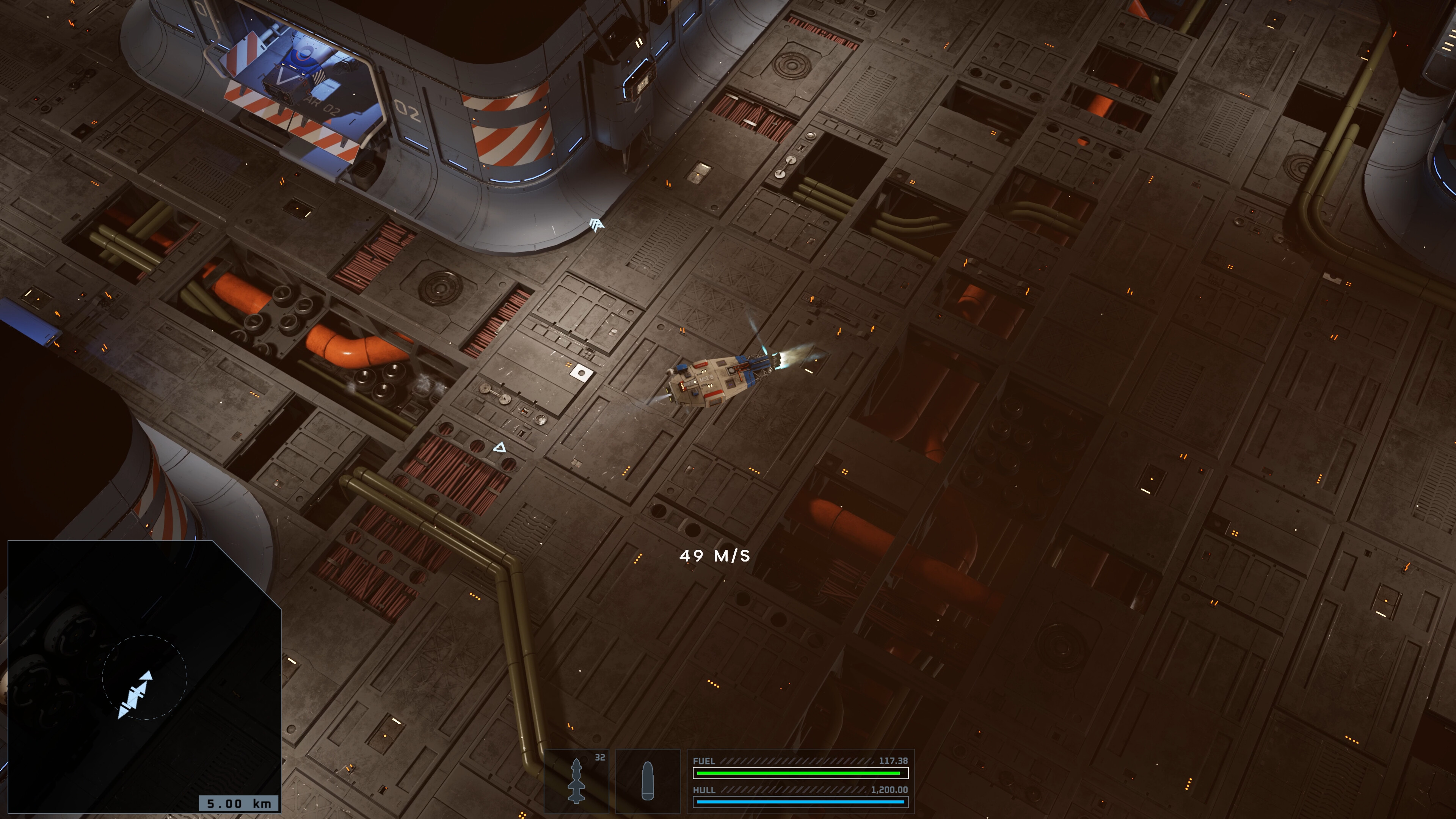 Spaceship navigating a futuristic industrial environment with detailed textures