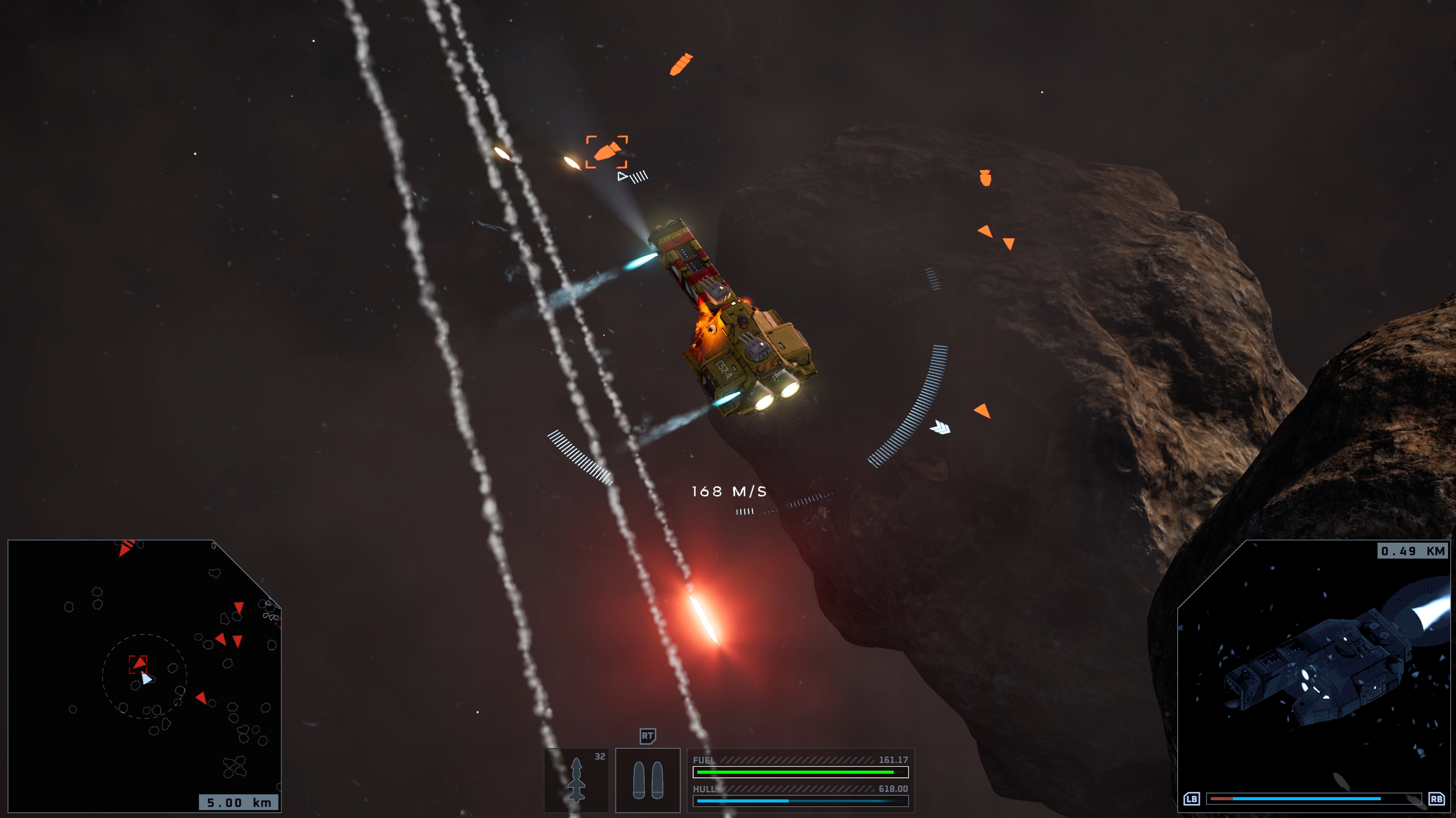 Spaceship navigating asteroid field with C-beams in sci-fi setting