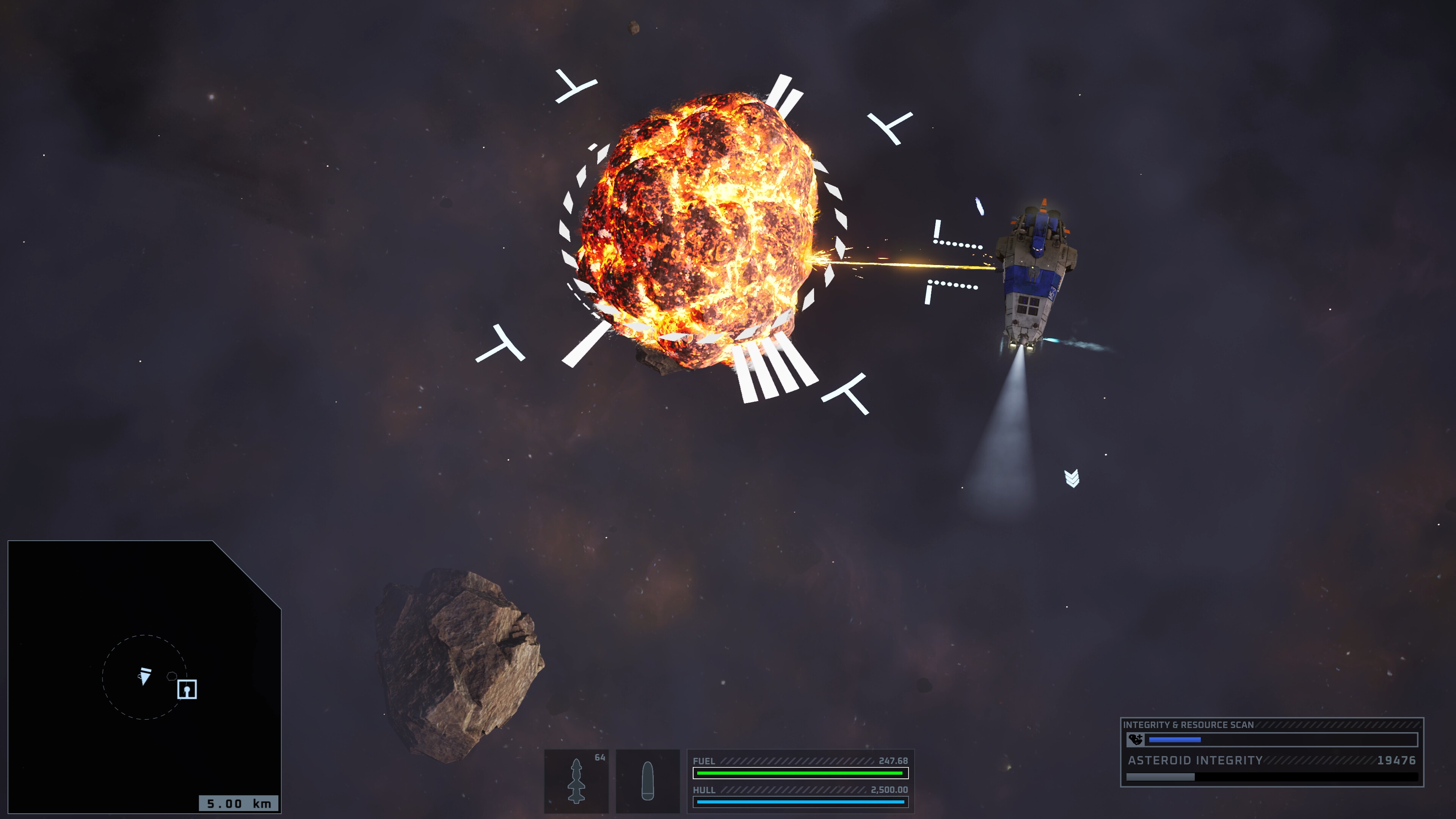 Spaceship firing at an exploding asteroid in a sci-fi environment
