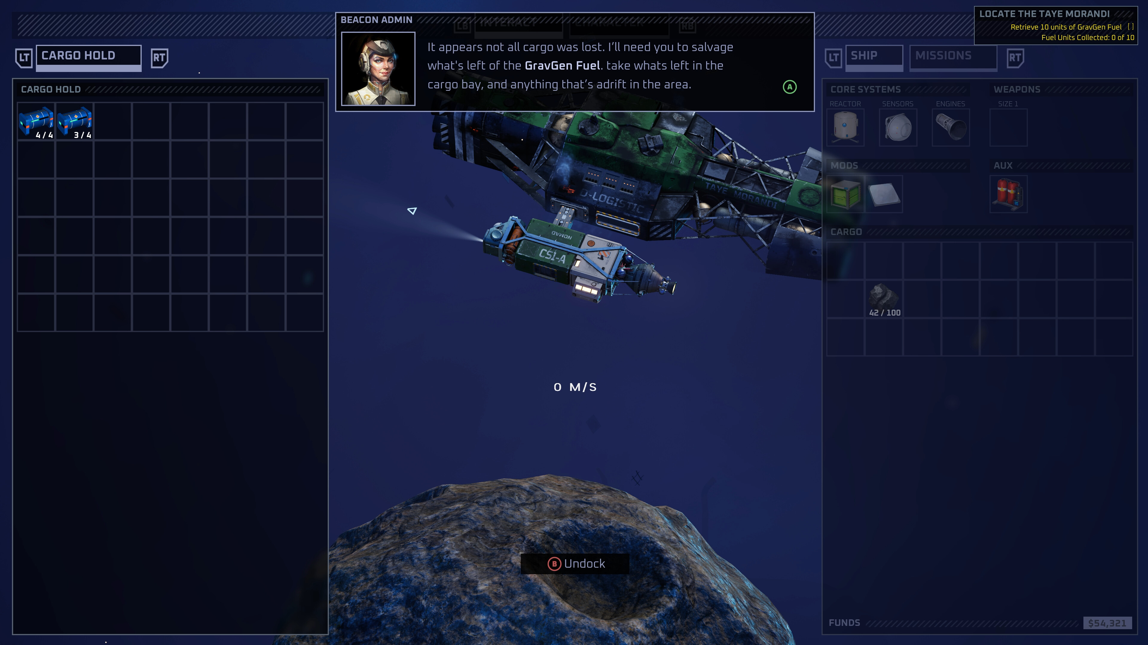 Spaceship cargo hold interface with mission briefing in sci-fi game