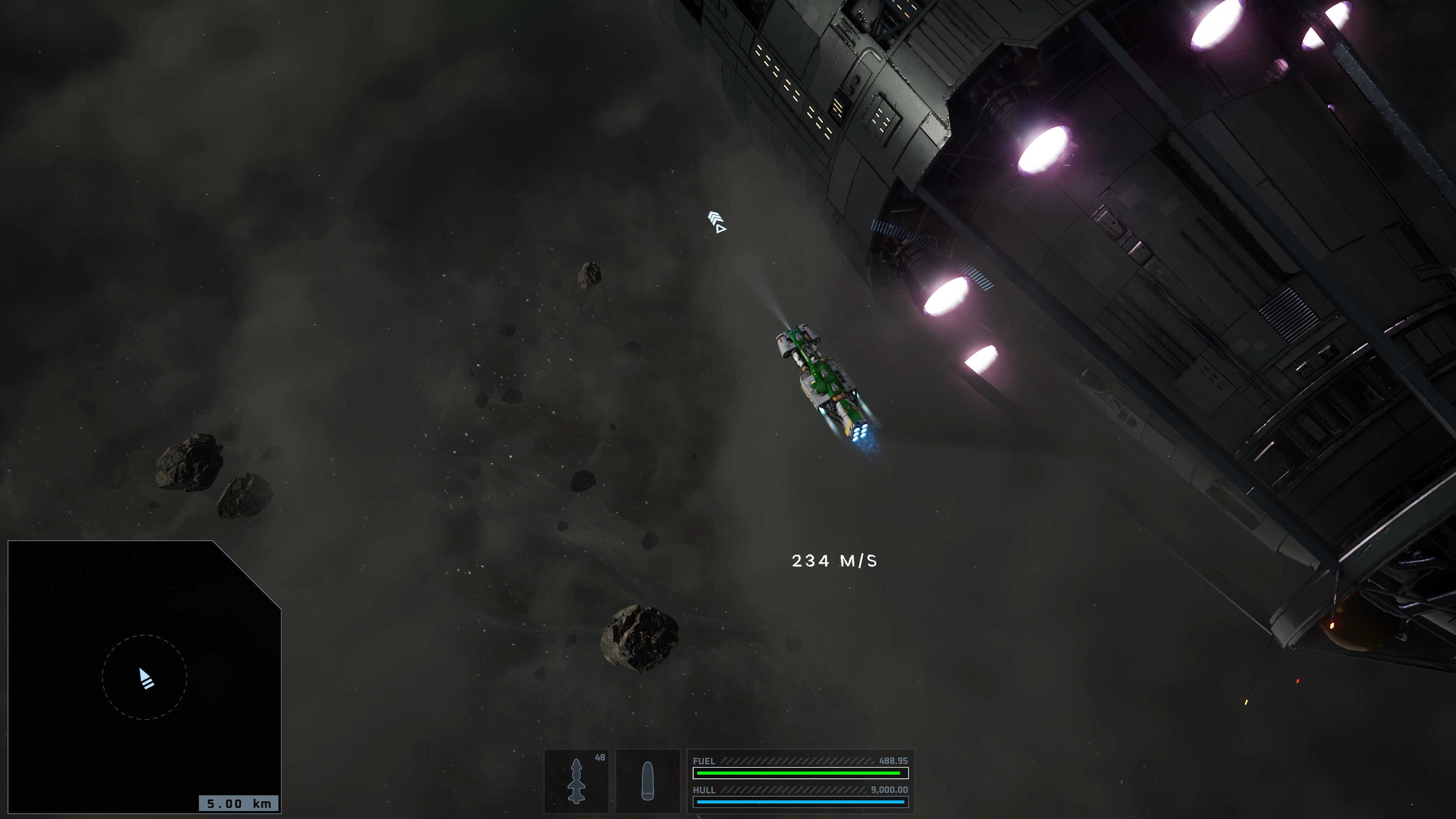 Spaceship navigating through asteroid field in sci-fi environment