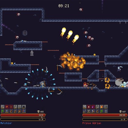 Intense action scene from Castleborne Survivors with explosions and enemies