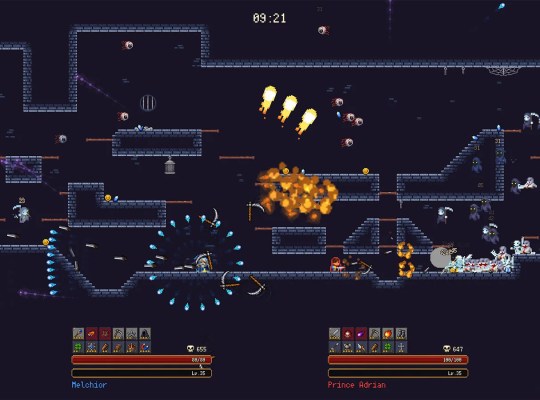 Intense action scene from Castleborne Survivors with explosions and enemies