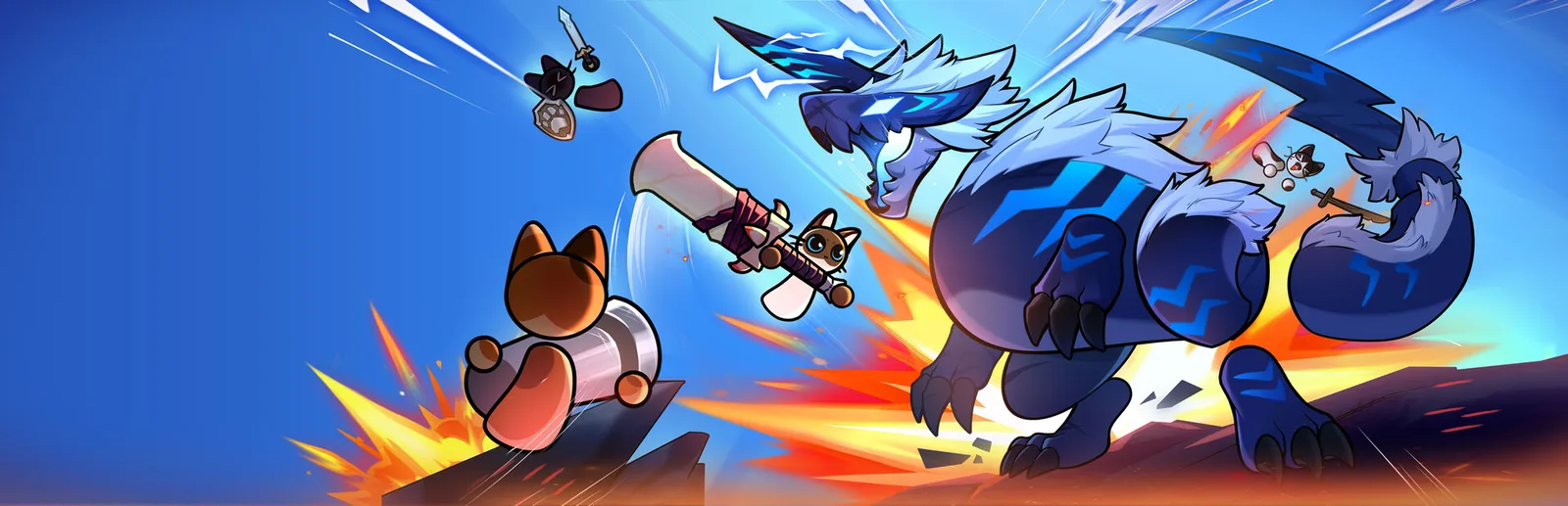Dynamic action scene from Cat Gladiator featuring a cat warrior and mythical creature.
