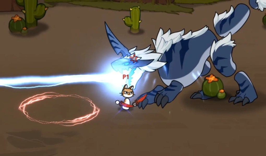 Cat Gladiator battling a fierce creature in a vibrant desert setting