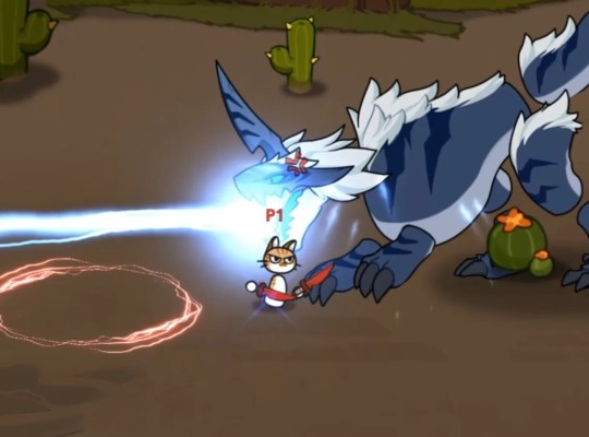Cat Gladiator battling a fierce creature in a vibrant desert setting