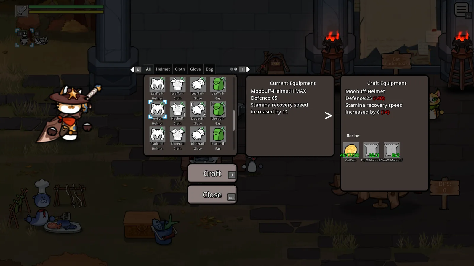 Cat Gladiator crafting menu showcasing equipment and stats