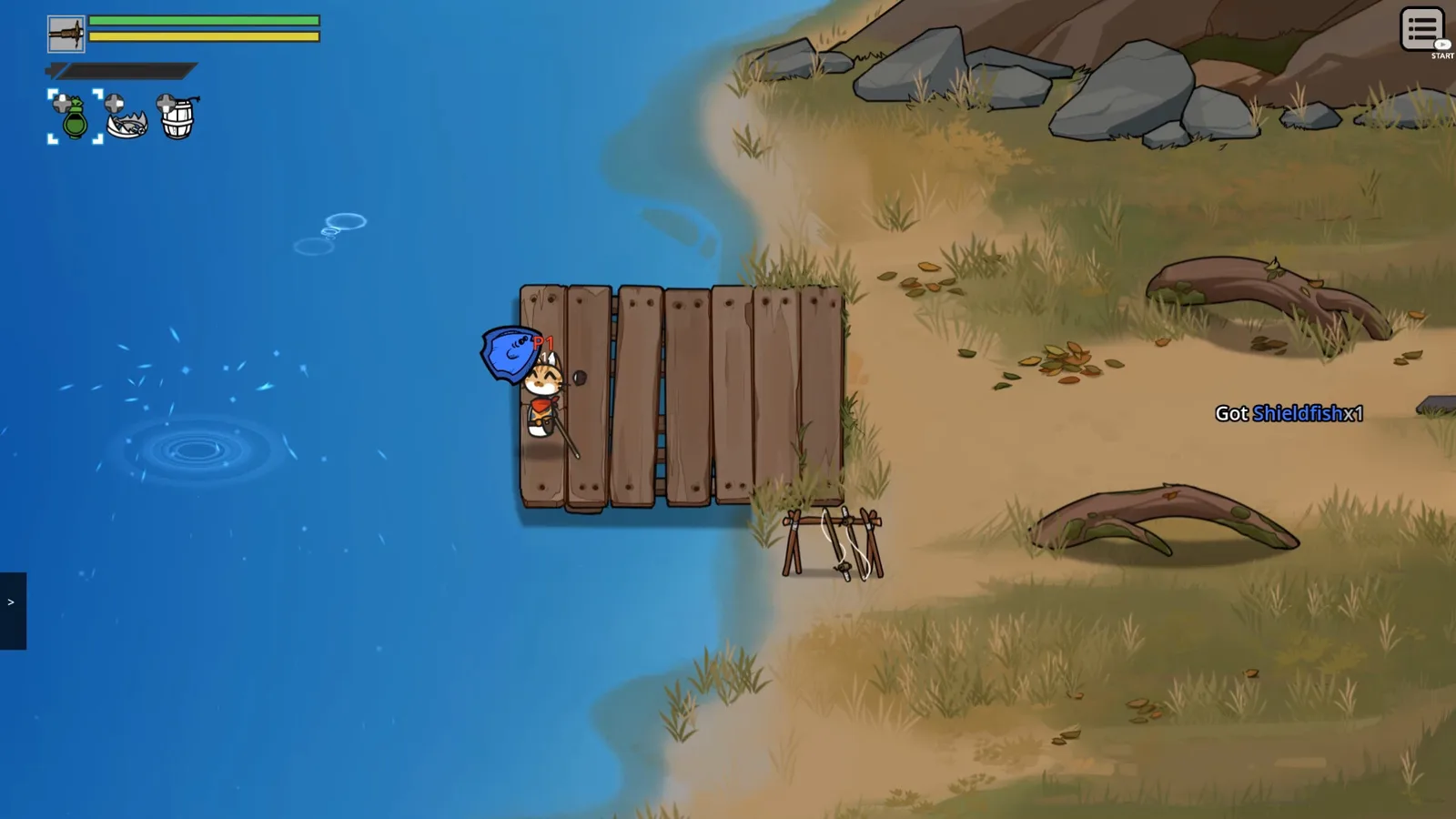 Cat Gladiator gameplay featuring a character on a wooden dock by the water