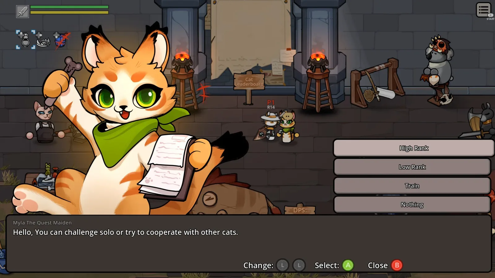 Cat Gladiator game scene featuring a cat character with a book in a medieval setting