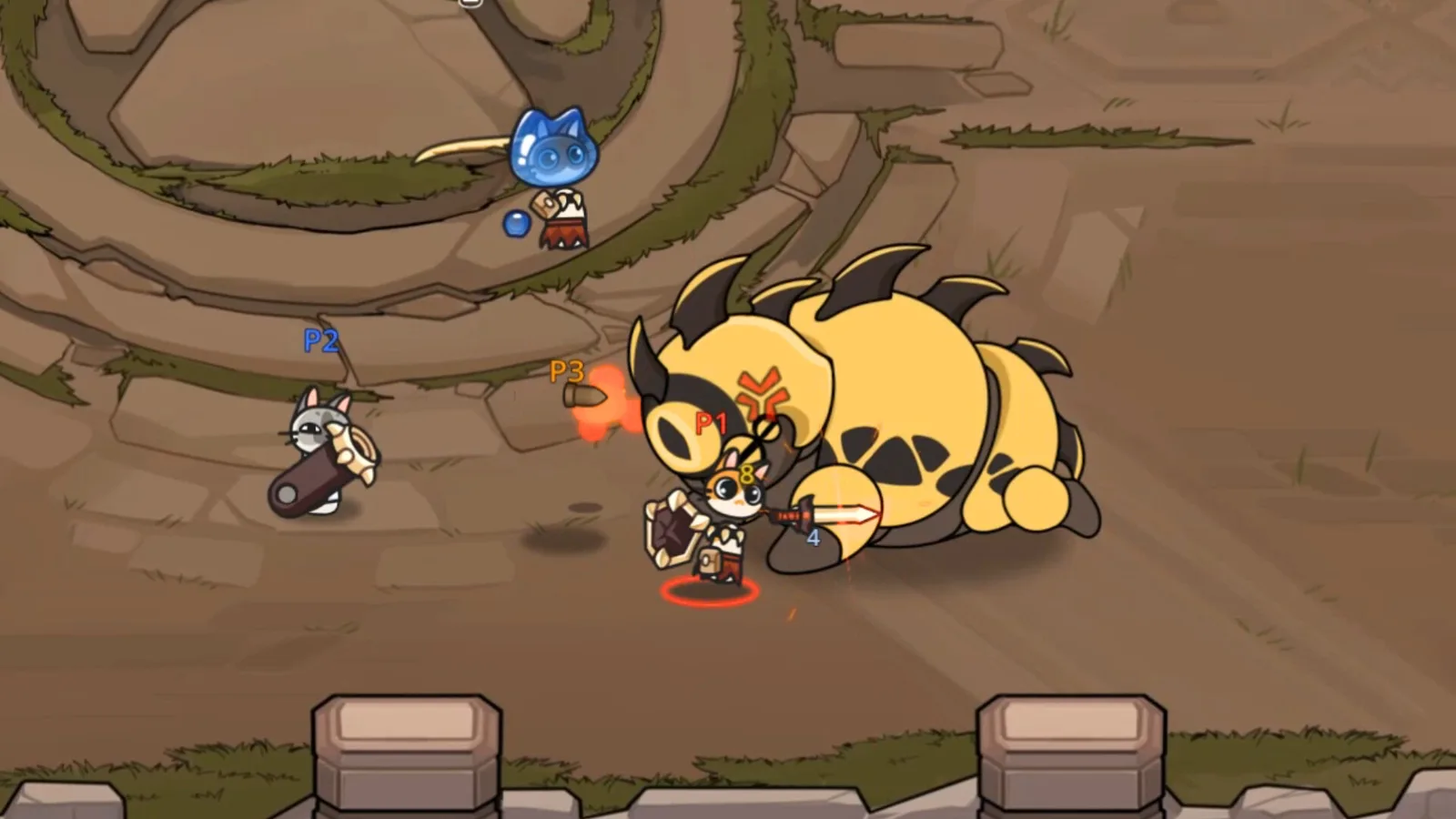 Cat Gladiator battling a giant creature in a vibrant arena