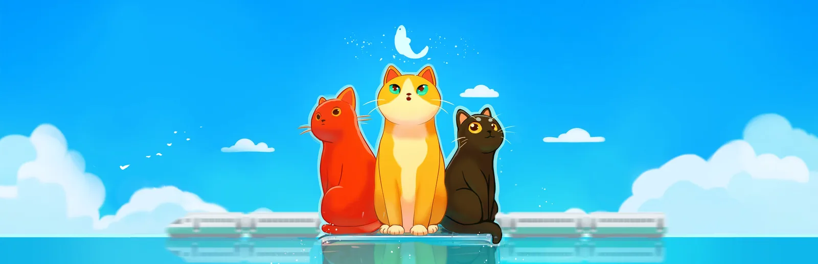 Pixel art train scene with a cat on Cat Isle at sunset
