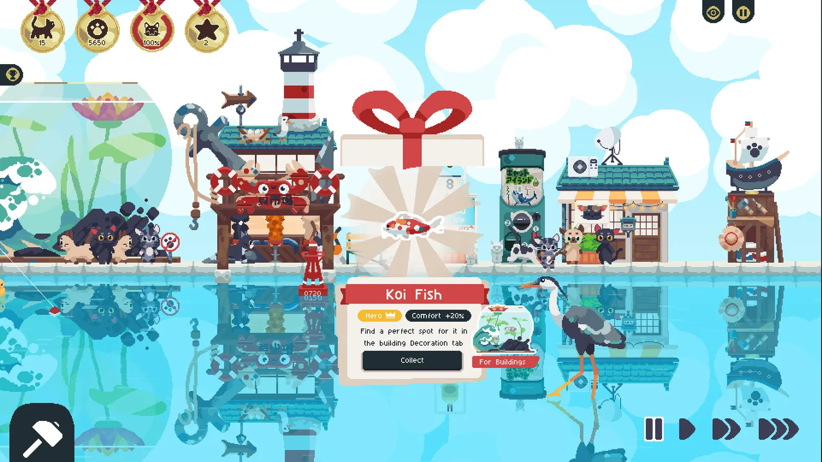Colorful scene from Cat Isle featuring koi fish and vibrant buildings