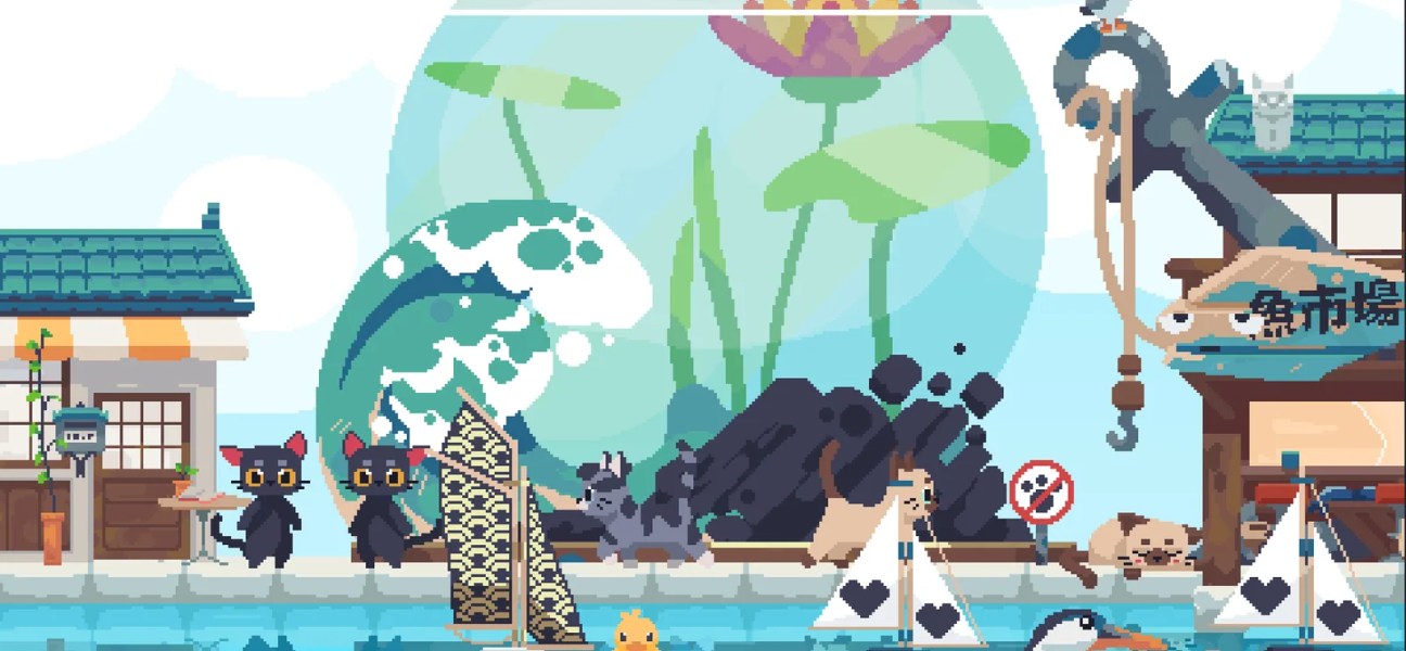 Colorful scene from Cat Isle featuring cats, boats, and a vibrant aquarium.